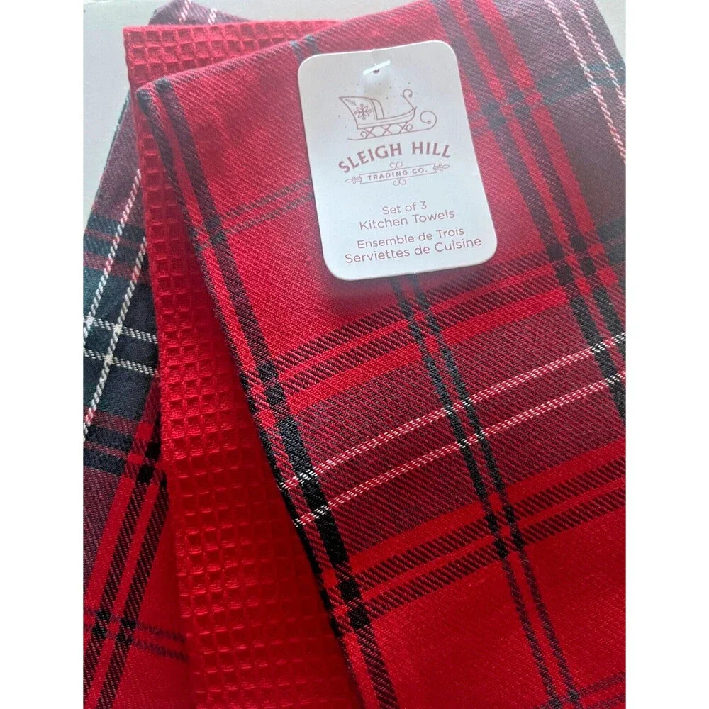 Sleigh Hill Christmas Tartan Plaid Kitchen Dish Towels Green Red White Set of 3